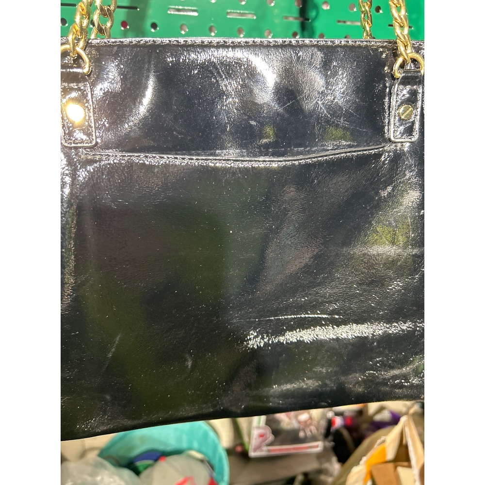 Michael Kors Black Patent Leather Tote Bag Gold Chain Shoulder Bag Zippered Top - Picture 9 of 9